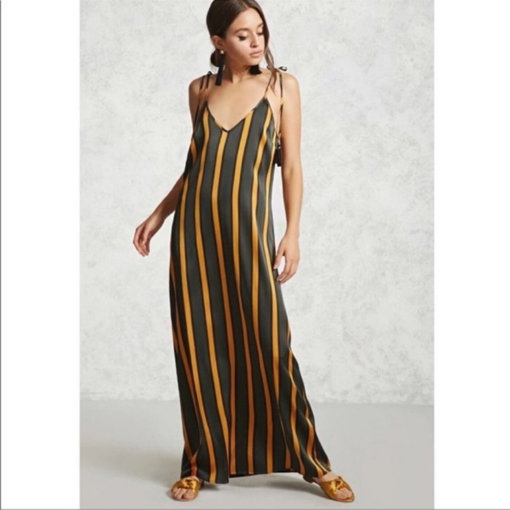 Forever 21 Satin Slip Striped Maxi Dress, M